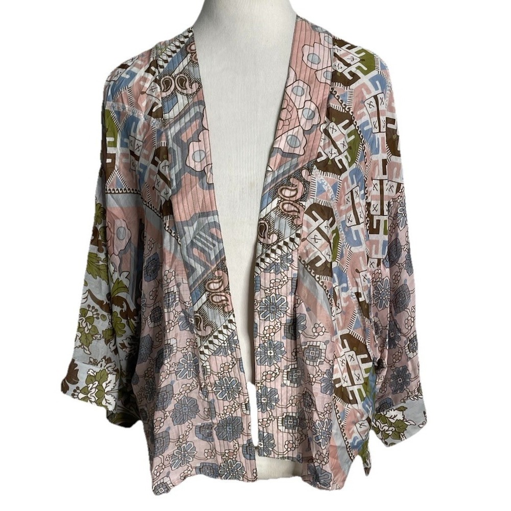NWT  ONE HUNDRED STARS Patchwork Pastel Short Kimono Top One Size OS